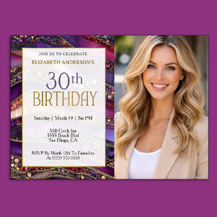 Purple Gold Jeweled Strata 30th Birthday Photo Invitation