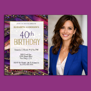 Purple Gold Jeweled Strata 40th Birthday Photo Invitation
