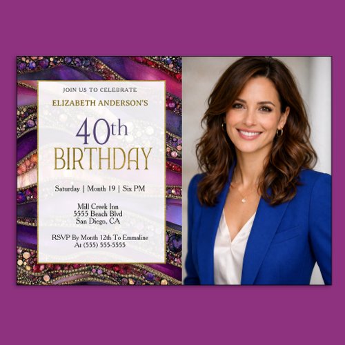 Purple Gold Jeweled Strata 40th Birthday Photo Invitation