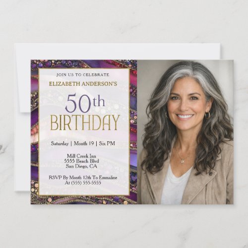 Purple Gold Jeweled Strata 50th Birthday Photo Invitation