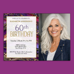 Purple Gold Jeweled Strata 60th Birthday Photo Invitation