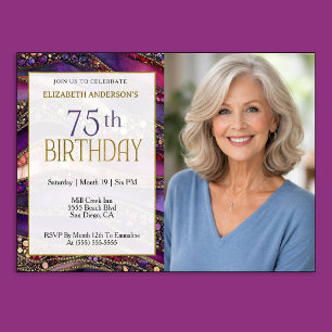 Purple Gold Jeweled Strata 75th Birthday Photo Invitation