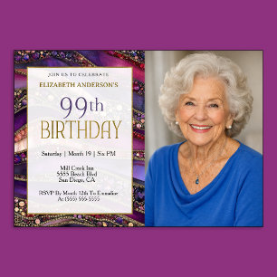 Purple Gold Jeweled Strata 99th Birthday Photo Invitation
