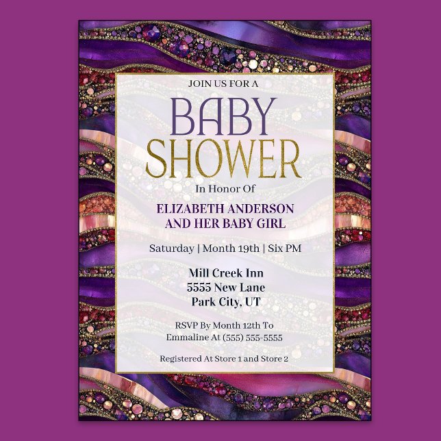 Purple Gold Jeweled Strata Girl Baby Shower Invitation (Purple and Gold Jeweled Strata Baby Shower Invitation)