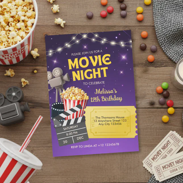 Purple Gold Kids Backyard Movie Night Birthday Invitation | Zazzle