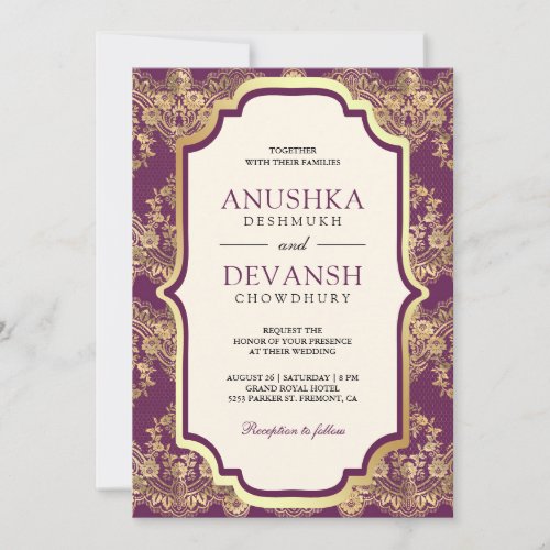 Purple Gold Lace Indian Wedding Invitation