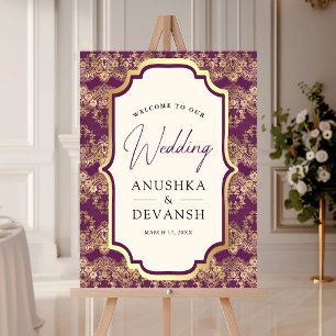 Purple Gold Lace Indian Wedding Welcome Sign