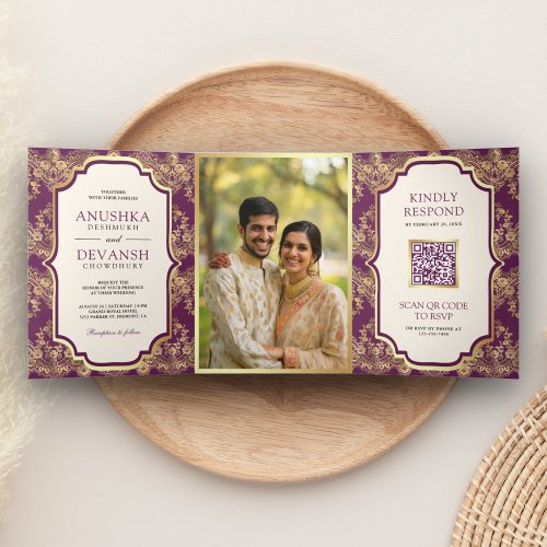 Purple Gold Lace QR Code Photo Indian Wedding Tri_Fold Invitation