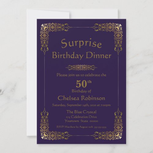 Purple Gold Lace Surprise 50th Birthday Dinner Invitation