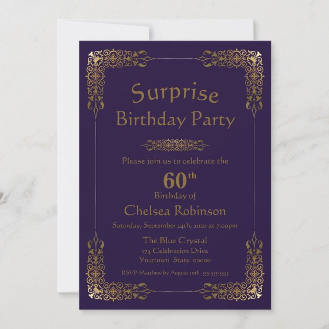 Purple Gold Lace Surprise 60th Birthday Party Invitation (Front)