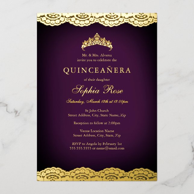 Purple Gold Lace Tiara Quinceanera Foil Foil Invitation (Front)