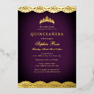 Purple Gold Lace Tiara Quinceanera Foil Invitation
