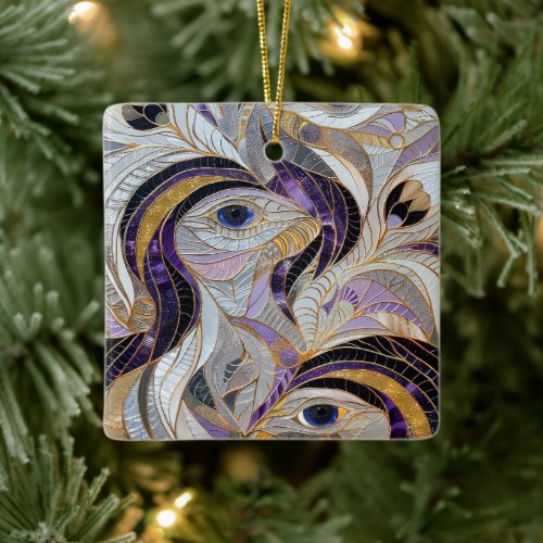 Purple Gold Lavender White Peacock Ceramic Ornament