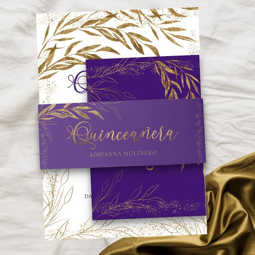 Purple Gold Leaf and Confetti Quinceanera Invitation Belly Band