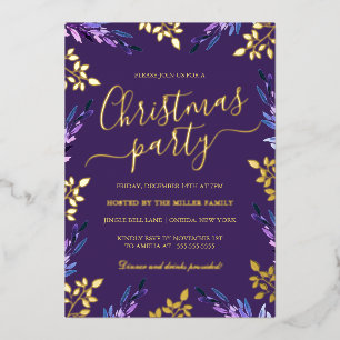 Purple Gold Leaf Christmas Party Foil Invitation