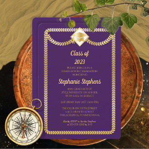 Purple   Gold Leaves Graduation Party Invitation