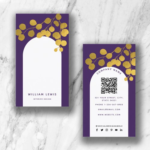Purple Gold Leaves Modern Arch QR Code  Business Card