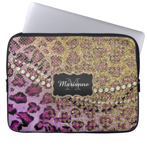 Purple Gold Leopard Animal Print Glitter Look Laptop Sleeve