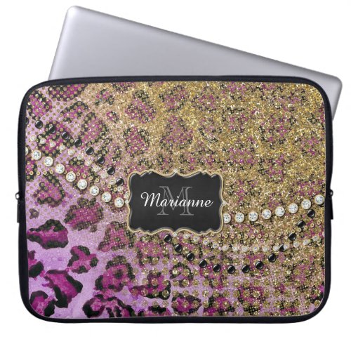 Purple Gold Leopard Animal Print Glitter Look Laptop Sleeve