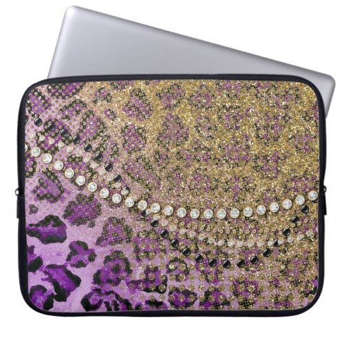 Purple Gold Leopard Animal Print Glitter Look Laptop Sleeve