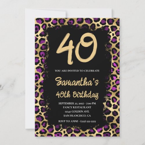 Purple Gold Leopard Painted Black 40th Birthday Invitation