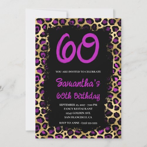 Purple Gold Leopard Painted Black 60th Birthday Invitation