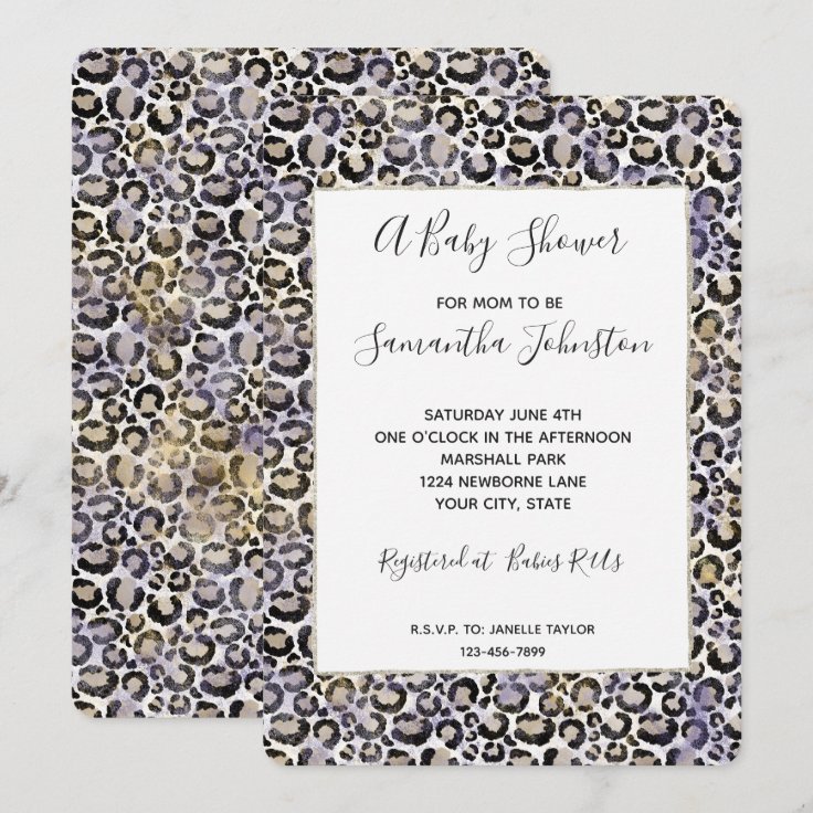 Purple Gold Leopard Print Baby Shower Invitation Zazzle