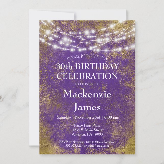 Purple Gold Lights Birthday Party Invitation Adult (Front)
