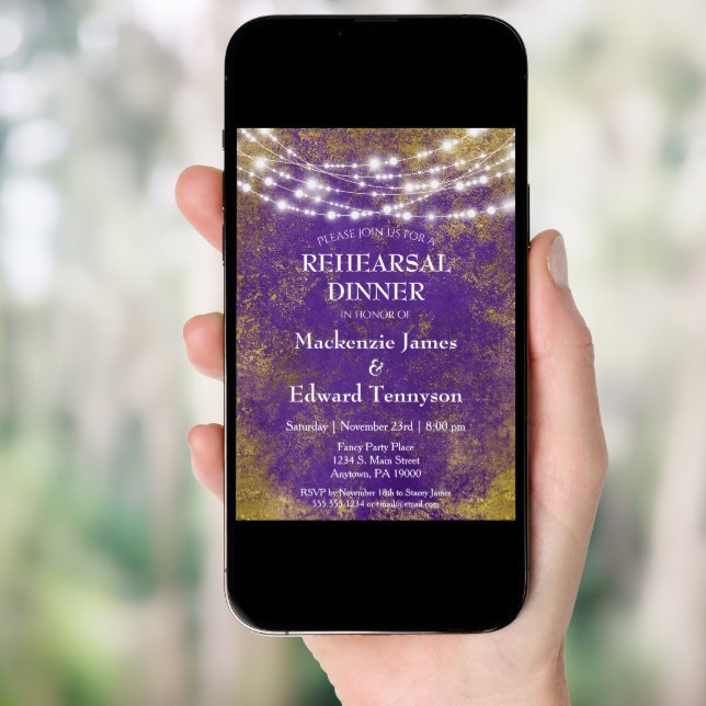 Purple Gold Lights Rehearsal Dinner Invitation (Front Digital)