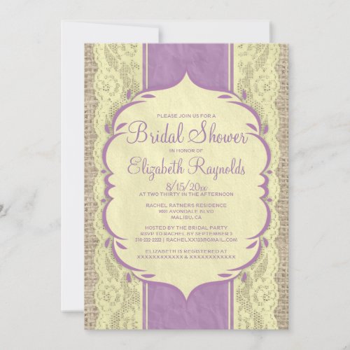 Purple Gold Linen Burlap Lace Bridal Shower Invite