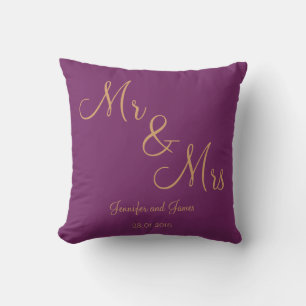 Purple Gold Linen Mr. and Mrs. Wedding Throw Pillow