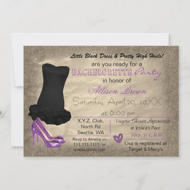 Purple Gold Little Black Dress bachelorette invite (Front)