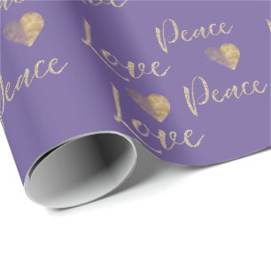 Purple Gold Luxe Glitter Love Peace Hearts   Wrapping Paper