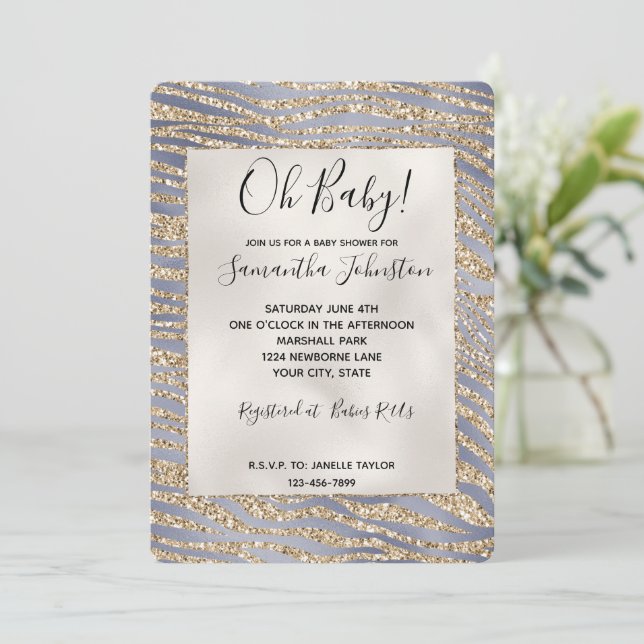 Purple Gold Luxe Glitter Zebra Print Invitation (Standing Front)