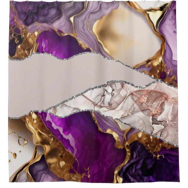 Purple Gold Luxury Elegant Design Liquid Texture  Shower Curtain (Front)