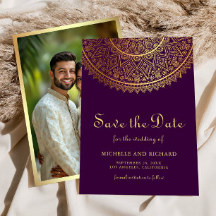Purple Gold Mandala Indian Wedding Photo Save The Date