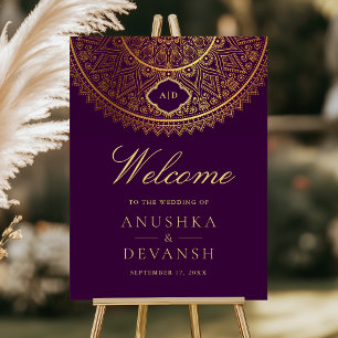 Purple Gold Mandala Indian Wedding Welcome Sign