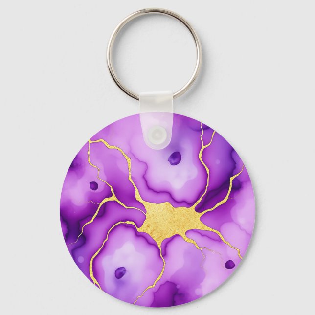 Purple Gold Marble Abstract Pattern Keychain (Front)