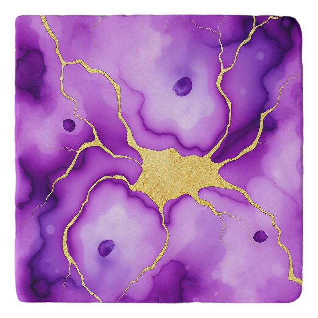 Purple Gold Marble Abstract Pattern Trivet (Front)