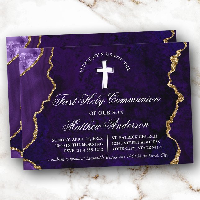 Purple Gold Marble Agate Geode First Communion Invitation (Customize to change text size, text style or to add more text to back of card.)