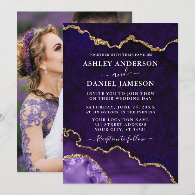 Purple Gold Marble Agate Geode Photo Wedding Invitation (Front/Back)