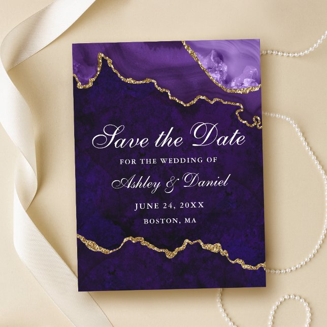 Purple Gold Marble Agate Geode Save The Date  Announcement Postcard (Customize to change text size or text style.)