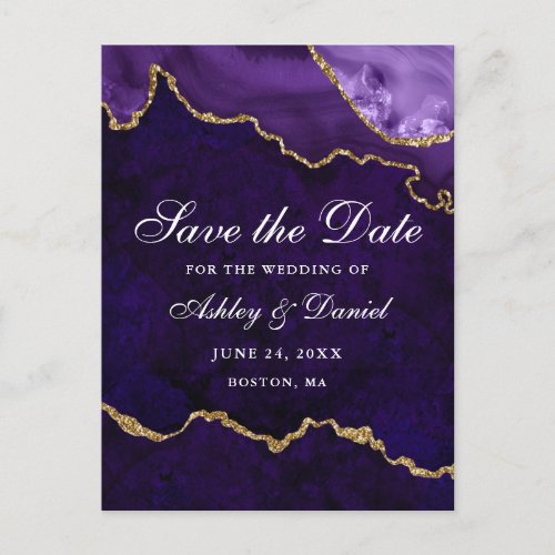 Purple Gold Marble Agate Geode Save The Date  Announcement Postcard