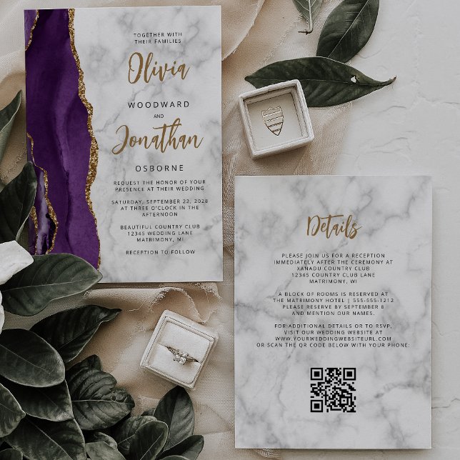 Purple Gold Marble Agate Script QR Code Wedding Invitation (Creator Uploaded)