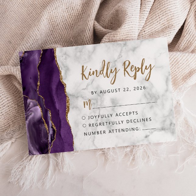 Purple Gold Marble Agate Script RSVP Card (Creator Uploaded)