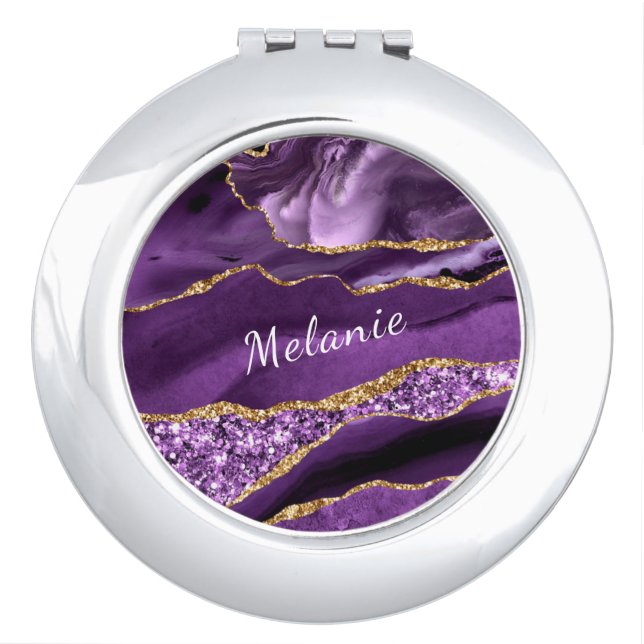Purple Gold Marble Custom Name Compact Mirror (Front)
