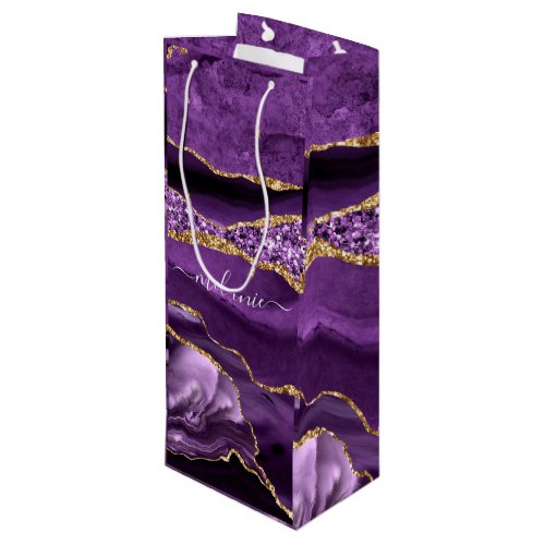Purple Gold Marble Custom Your Name Wine Gift Bag