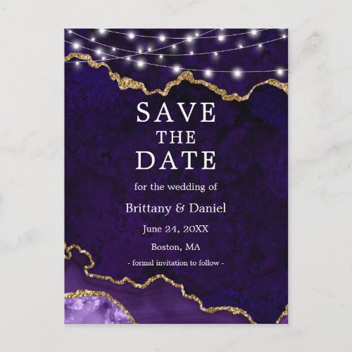 Purple Gold Marble Geode Lights Save The Date Announcement Postcard