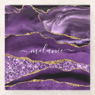 Purple Gold Marble Glass Coaster Custom Name