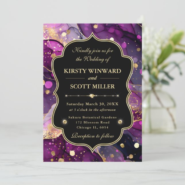 Purple Gold Marble Glitter Elegant Wedding Invitation (Standing Front)